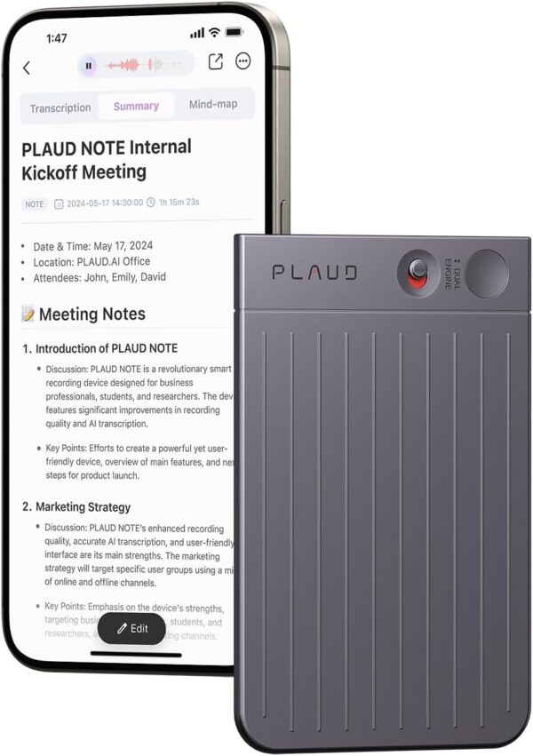 AI Voice Recorder - PLAUD Note, App-Controlled Recorder w/ Case, AI Transcription & Summarization